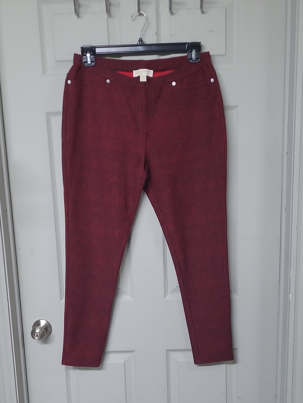 Michael Kors Red/Black Paisley Print Textured Ponte Ankle Pull-on Pants Large